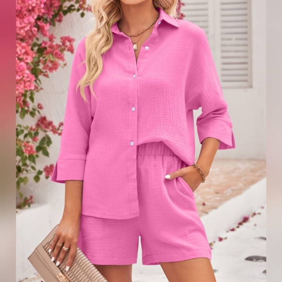 Textured Shirt and Elastic Waist Shorts - Pink - Picture 6 of 7